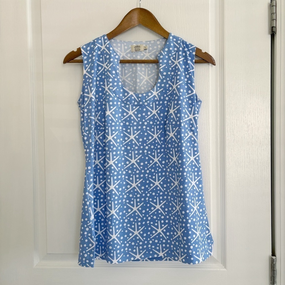 Katherine Way Blue Starfish Tank Top Small Coastal Grandma